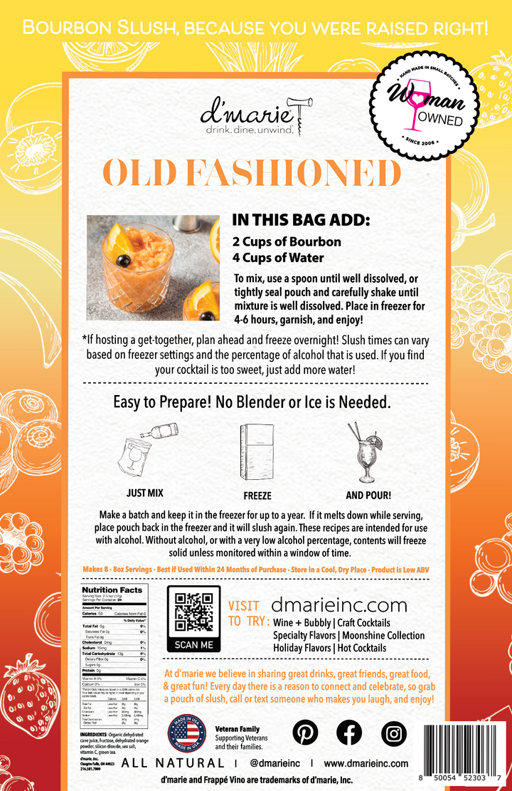 D'Marie Old Fashioned cocktail mix bag with bourbon slush recipe and preparation instructions