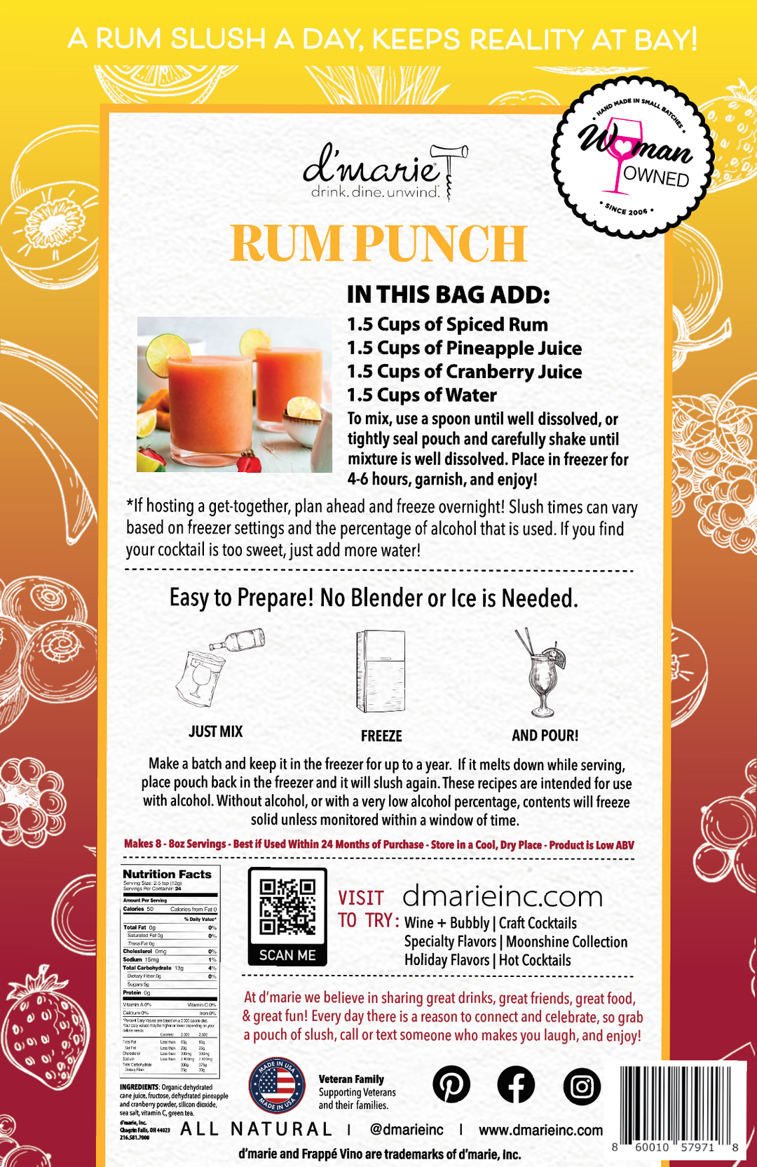 D'Marie Rum Punch cocktail mix bag with recipe instructions and nutritional information