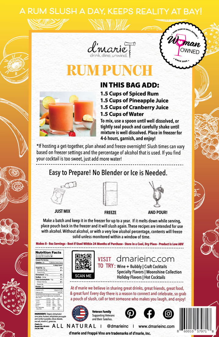 D'Marie Rum Punch cocktail mix bag with recipe instructions and nutritional information