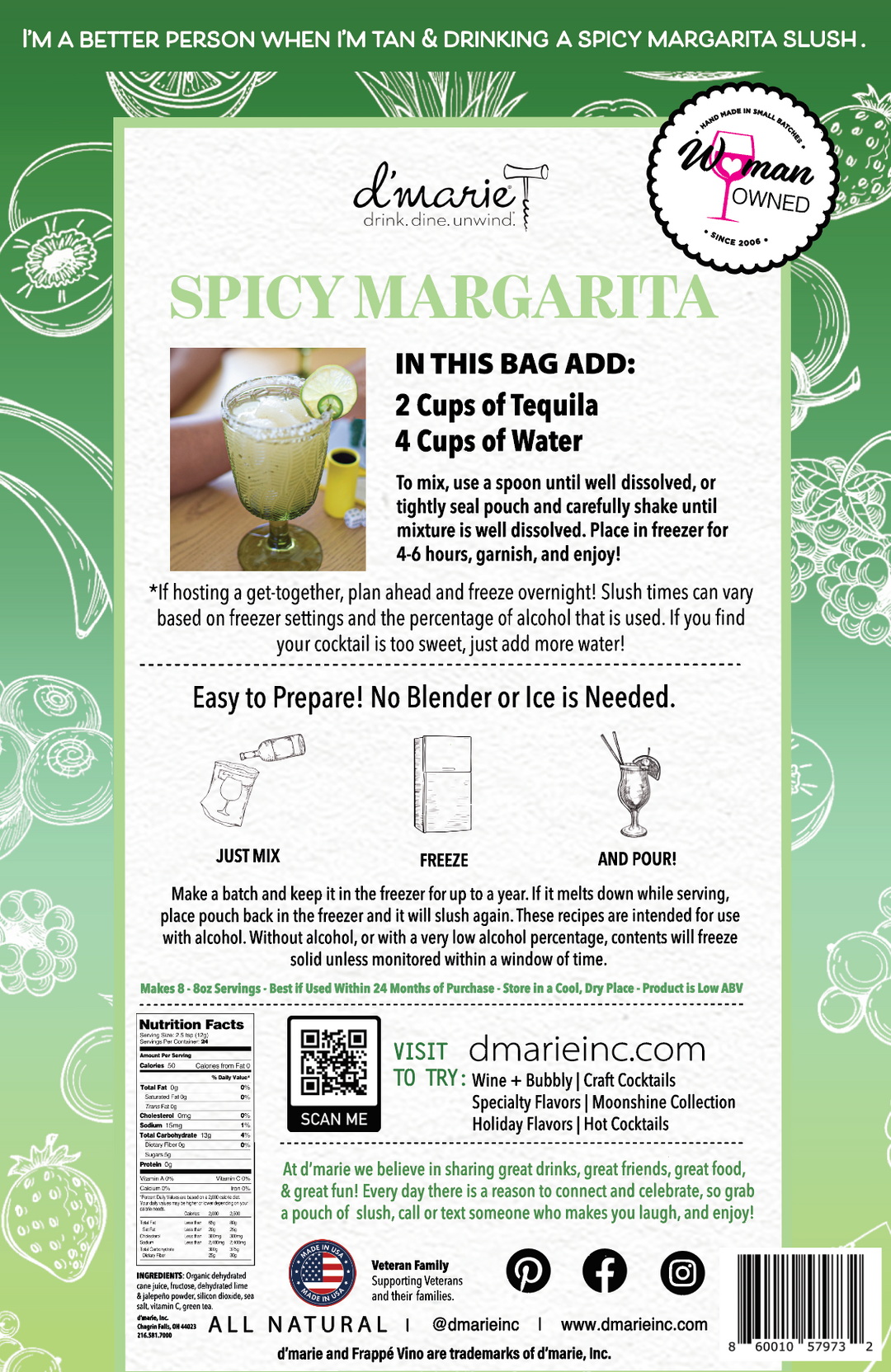 D'Marie Spicy Margarita cocktail mix bag with recipe instructions and branding