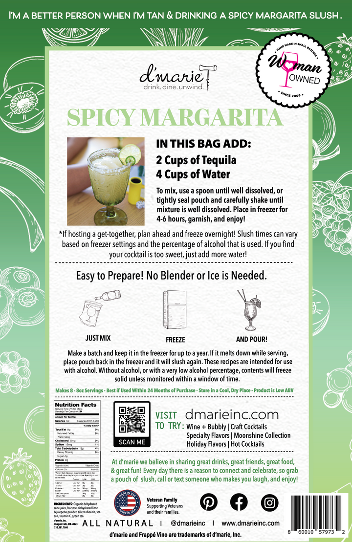 D'Marie Spicy Margarita cocktail mix bag with recipe instructions and branding