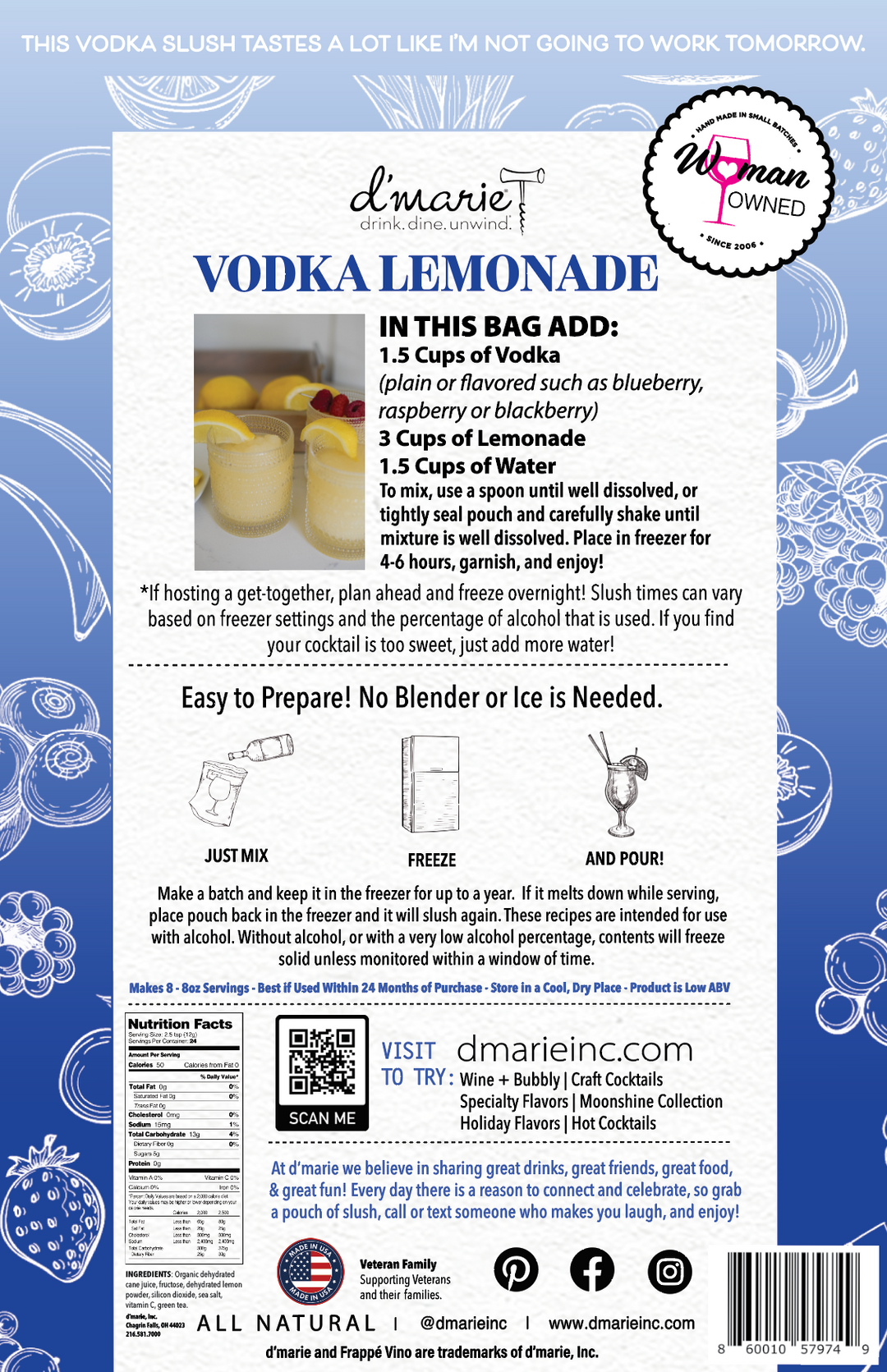 D'Marie Vodka Lemonade cocktail mix bag with recipe instructions and branding