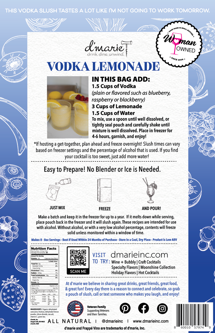 D'Marie Vodka Lemonade cocktail mix bag with recipe instructions and branding