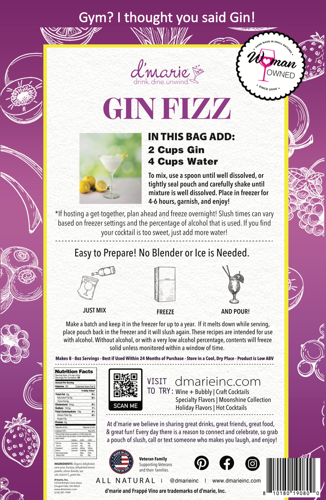 D'Marie Gin Fizz cocktail mix bag in purple packaging with recipe instructions
