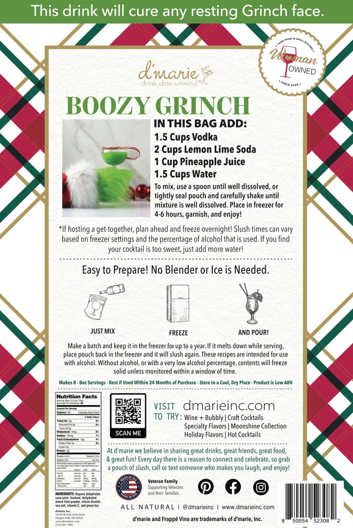 D'Marie Boozy Grinch cocktail mix bag with recipe instructions and holiday plaid background