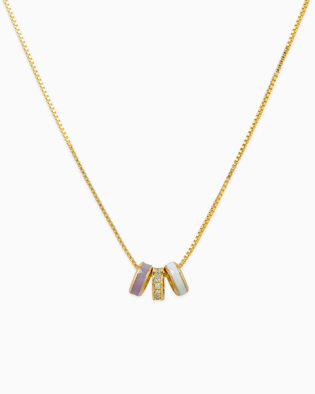 Sessori gold box chain necklace with lavender, white, and crystal CZ rondelle ring pendants