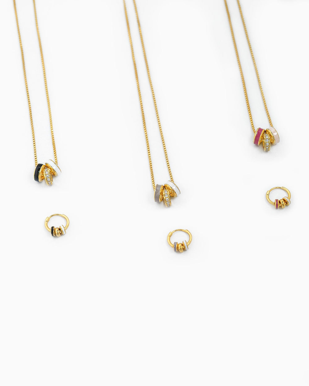 Sessori Color CZ Rondelle Ring Link Necklace in lavender with gold chain and matching earring.