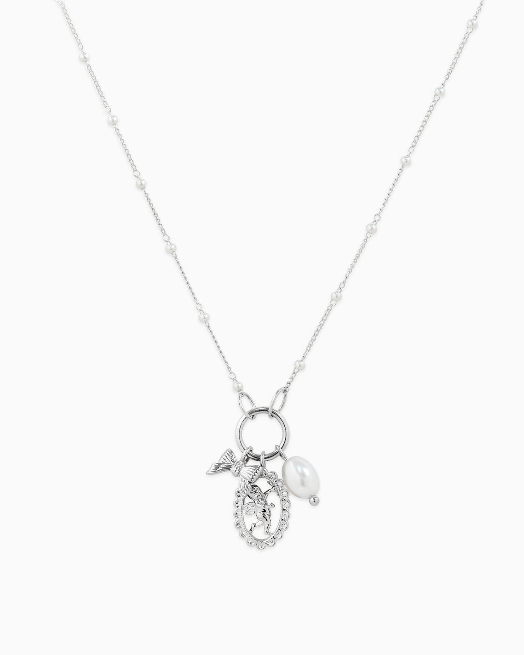 Sessori Trio Charm Angel Pearl Necklace in silver with pearl-studded chain and angel medallion charms