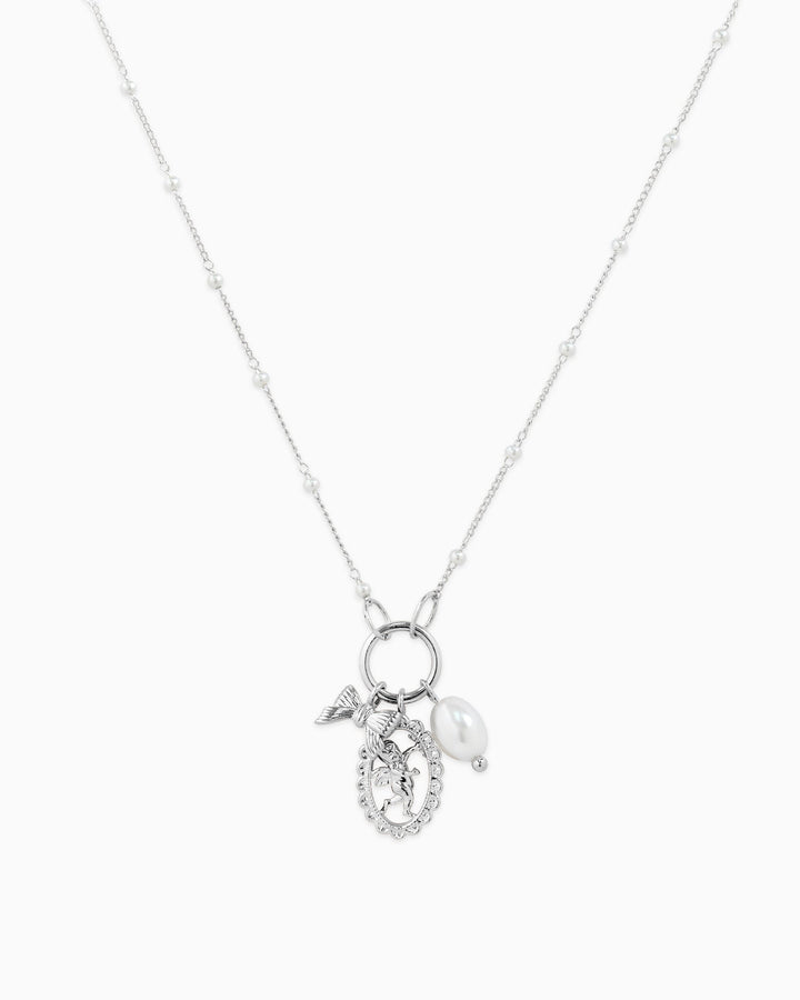 Sessori Trio Charm Angel Pearl Necklace in silver with pearl-studded chain and angel medallion charms