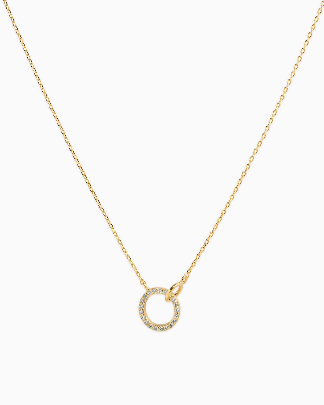 Sessori Double Circle Linked Crystal Necklace in gold with pavé crystal circle pendant on delicate chain