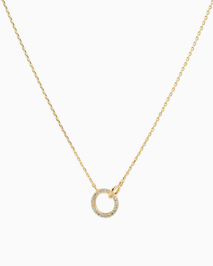 Sessori Double Circle Linked Crystal Necklace in gold with pavé crystal circle pendant on delicate chain