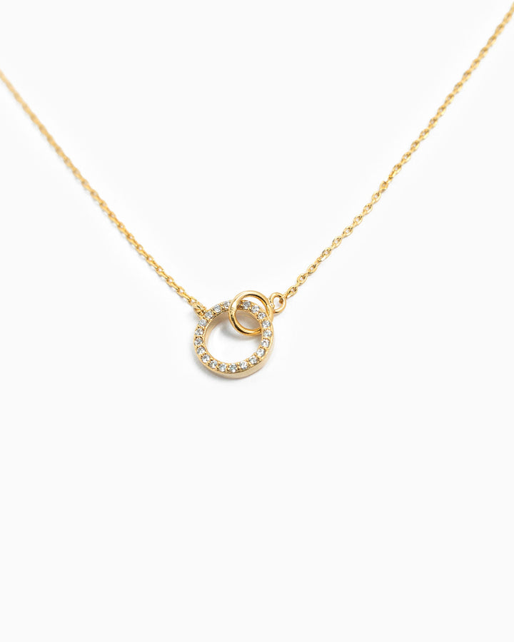 Sessori Double Circle Linked Crystal Necklace in gold with pavé crystal large circle pendant