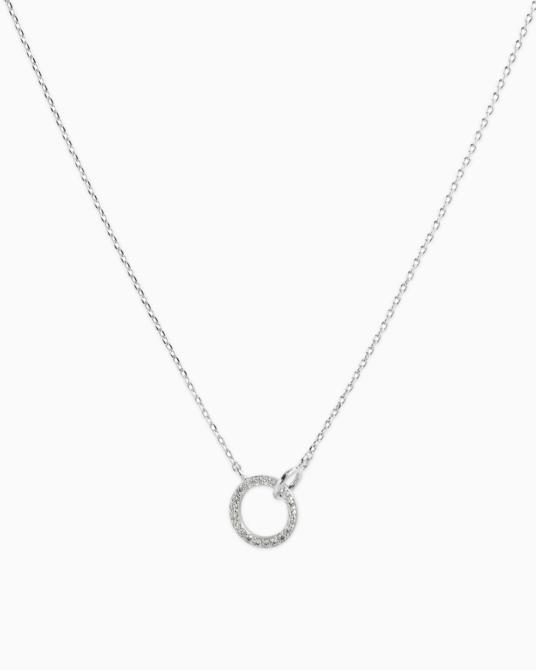 Sessori Double Circle Linked Crystal Necklace in silver with pavé crystal ring pendant on delicate chain.