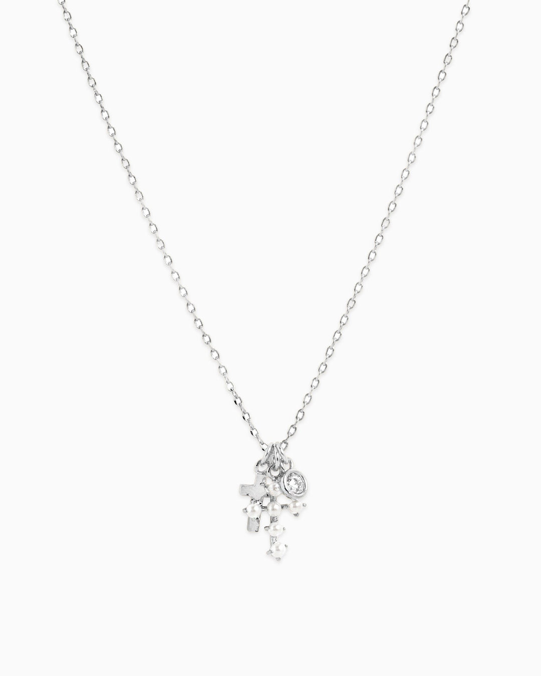 Sessori Pearl Cross Triple Charm Pendant Necklace in rhodium silver with pearl and crystal charms