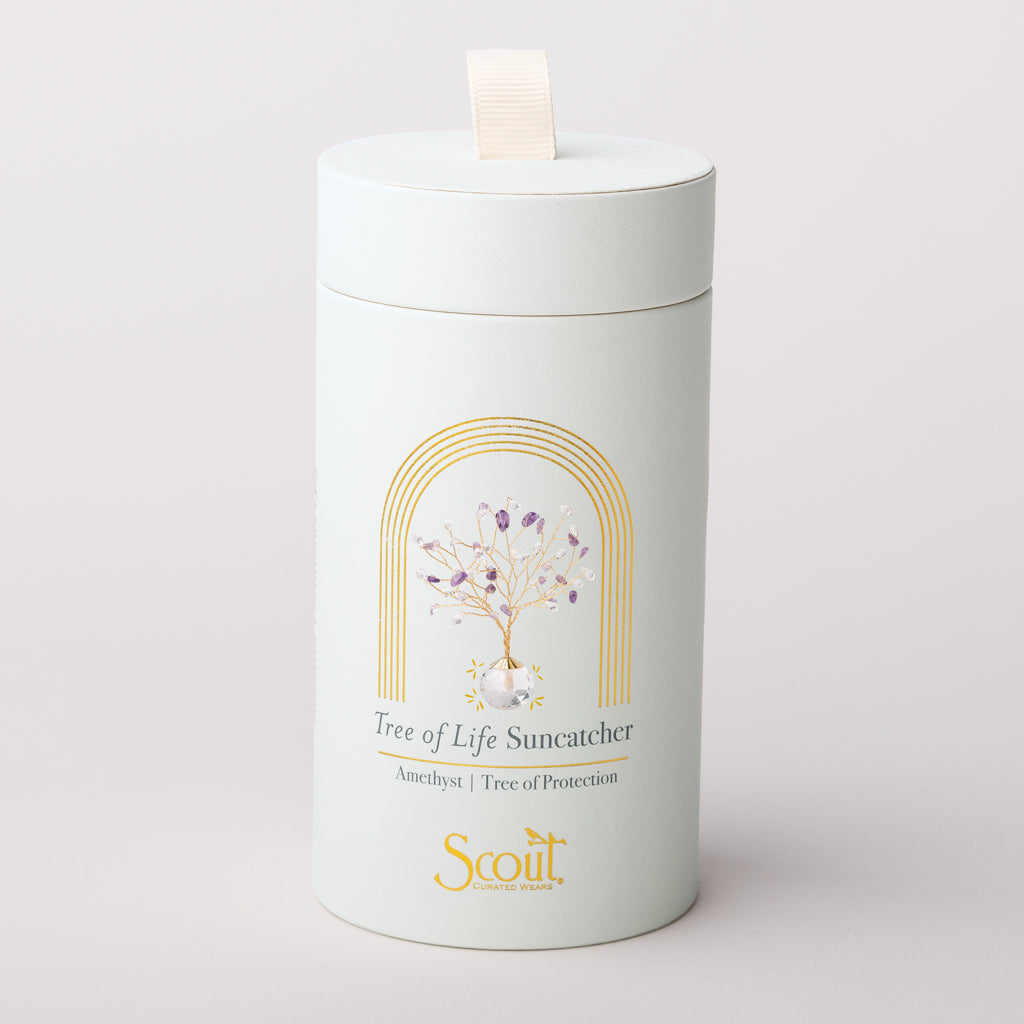 Scout Tree of Life Suncatcher in white cylinder packaging with amethyst crystal tree design