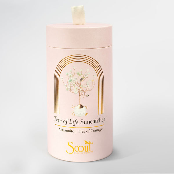 Scout Tree of Life Suncatcher in pink with gold tree design and wooden top