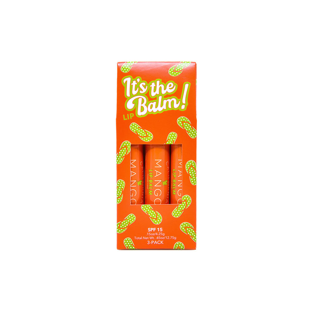 California Mango It's the Balm Mango Lip Balm SPF 15 three-pack in orange packaging