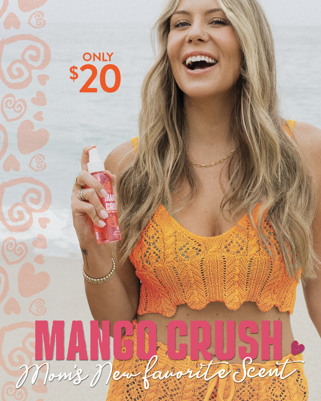 California Mango Crush Body Fragrance Mist 4oz spray bottle held by smiling woman outdoors.