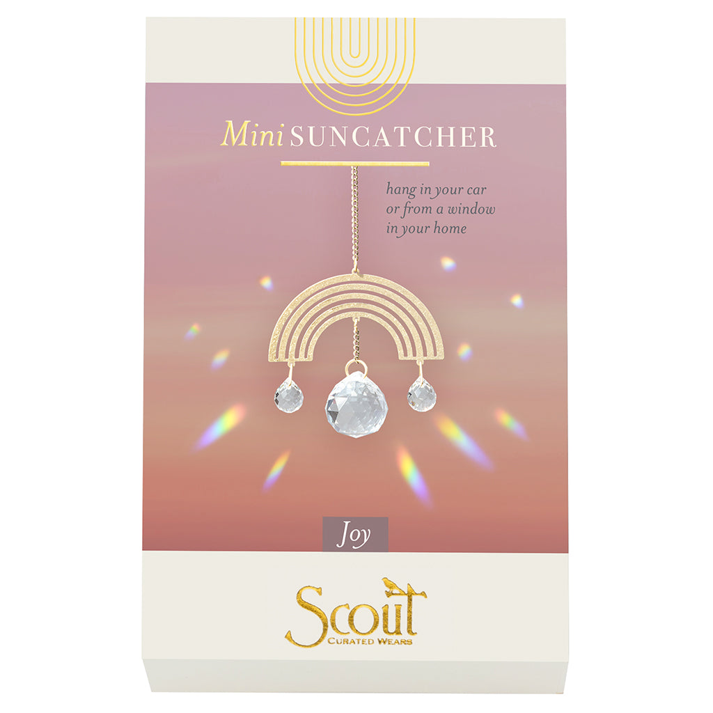 Scout Mini Suncatcher with gold rainbow design and crystal prisms creating rainbow light reflections