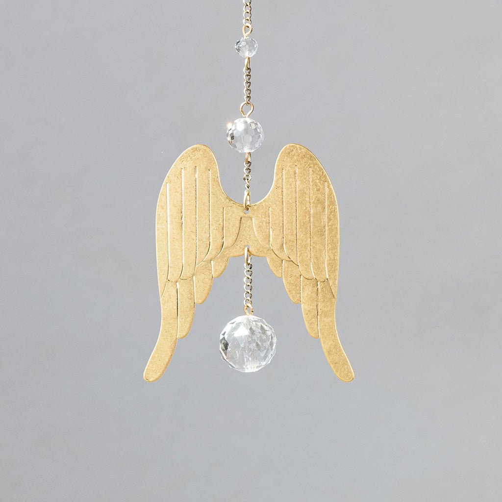 Scout Mini Suncatcher featuring gold angel wings with hanging crystal beads on chain