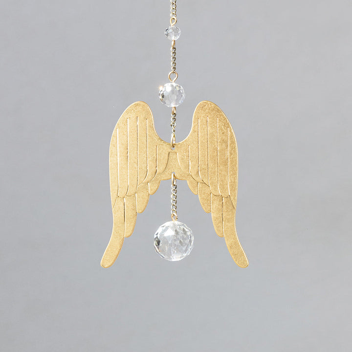 Scout Mini Suncatcher featuring gold angel wings with hanging crystal beads on chain