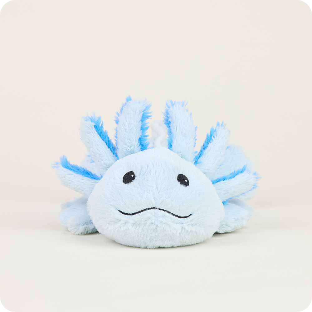 Warmies light blue axolotl plush toy with external gills and smiling face