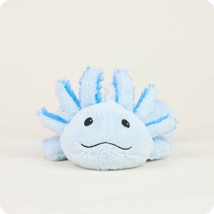 Warmies light blue axolotl plush toy with external gills and smiling face