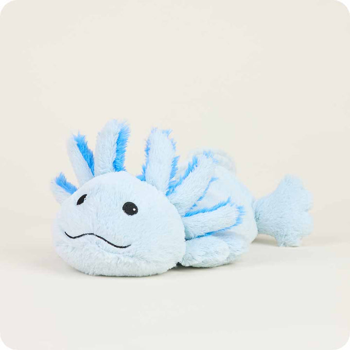 Warmies light blue axolotl plush toy with external gills and smiling face