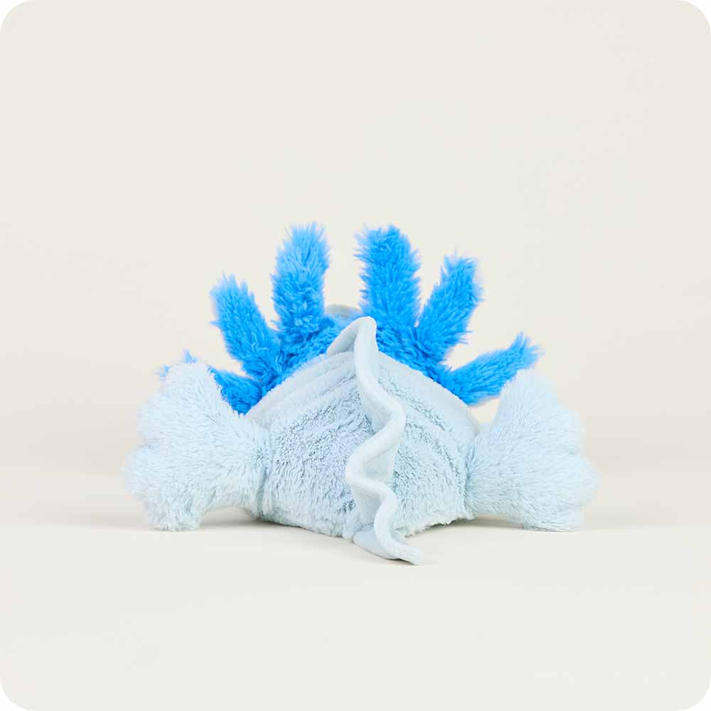 Warmies blue axolotl plush toy with light blue body and bright blue external gills