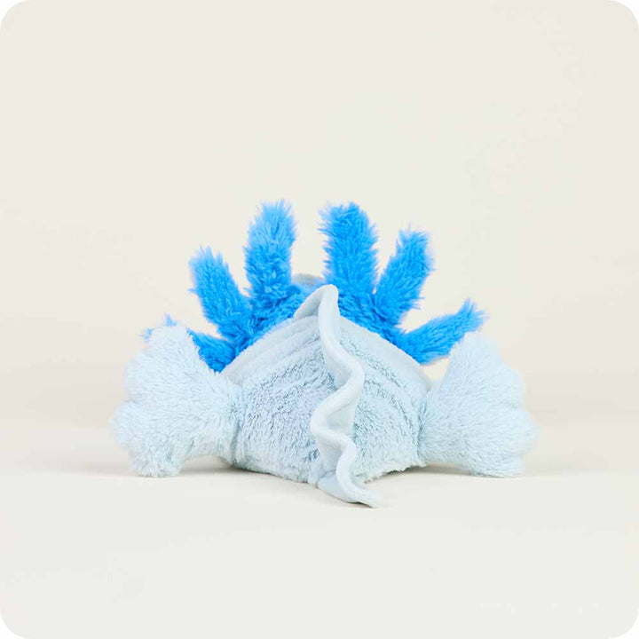 Warmies blue axolotl plush toy with light blue body and bright blue external gills