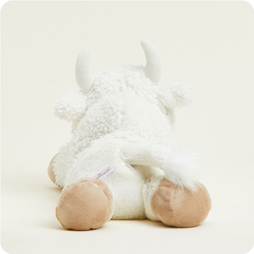 Warmies white buffalo plush stuffed animal with tan hooves on white background