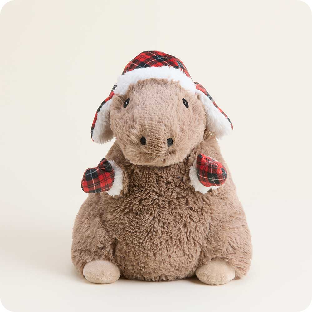 Warmies plush capybara stuffed animal wearing festive red plaid winter hat and mittens