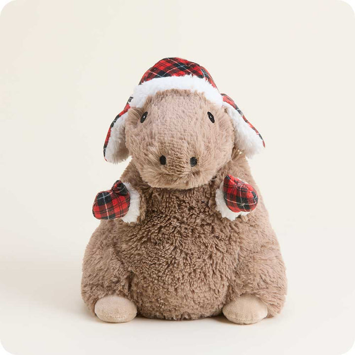 Warmies plush capybara stuffed animal wearing festive red plaid winter hat and mittens