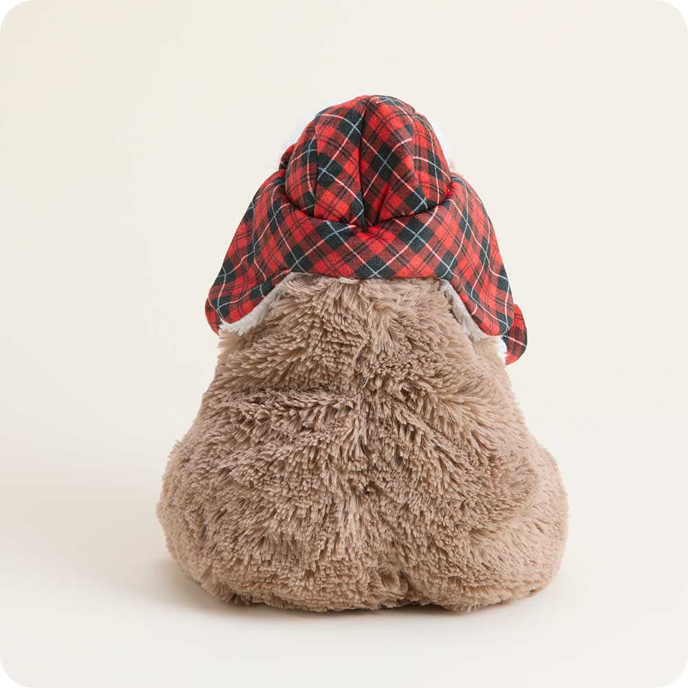 Warmies plush capybara in brown with red tartan plaid hat
