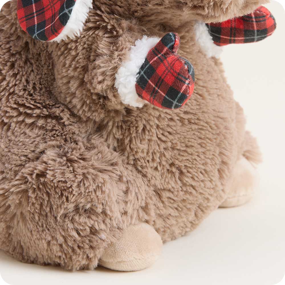 Brown plush Warmies capybara stuffed animal with red plaid inner ears on white background