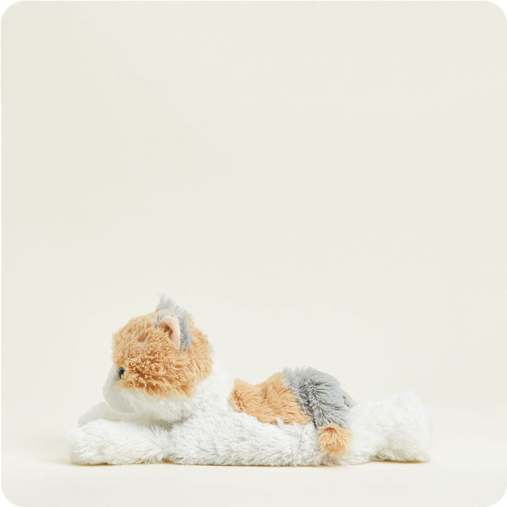 Warmies plush calico cat slippers with orange, white and gray fur pattern