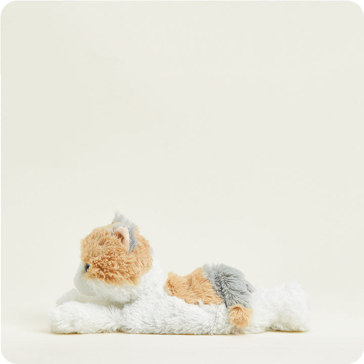 Warmies plush calico cat slippers with orange, white and gray fur pattern