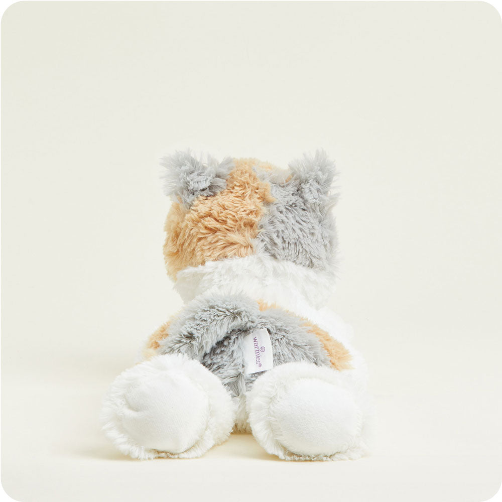 Warmies plush calico cat stuffed animal with orange, gray and white fur