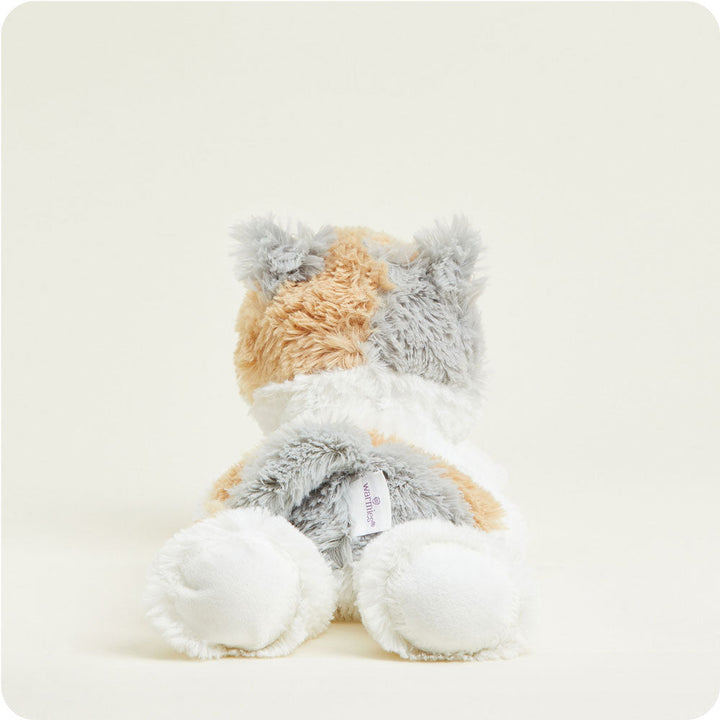 Warmies plush calico cat stuffed animal with orange, gray and white fur