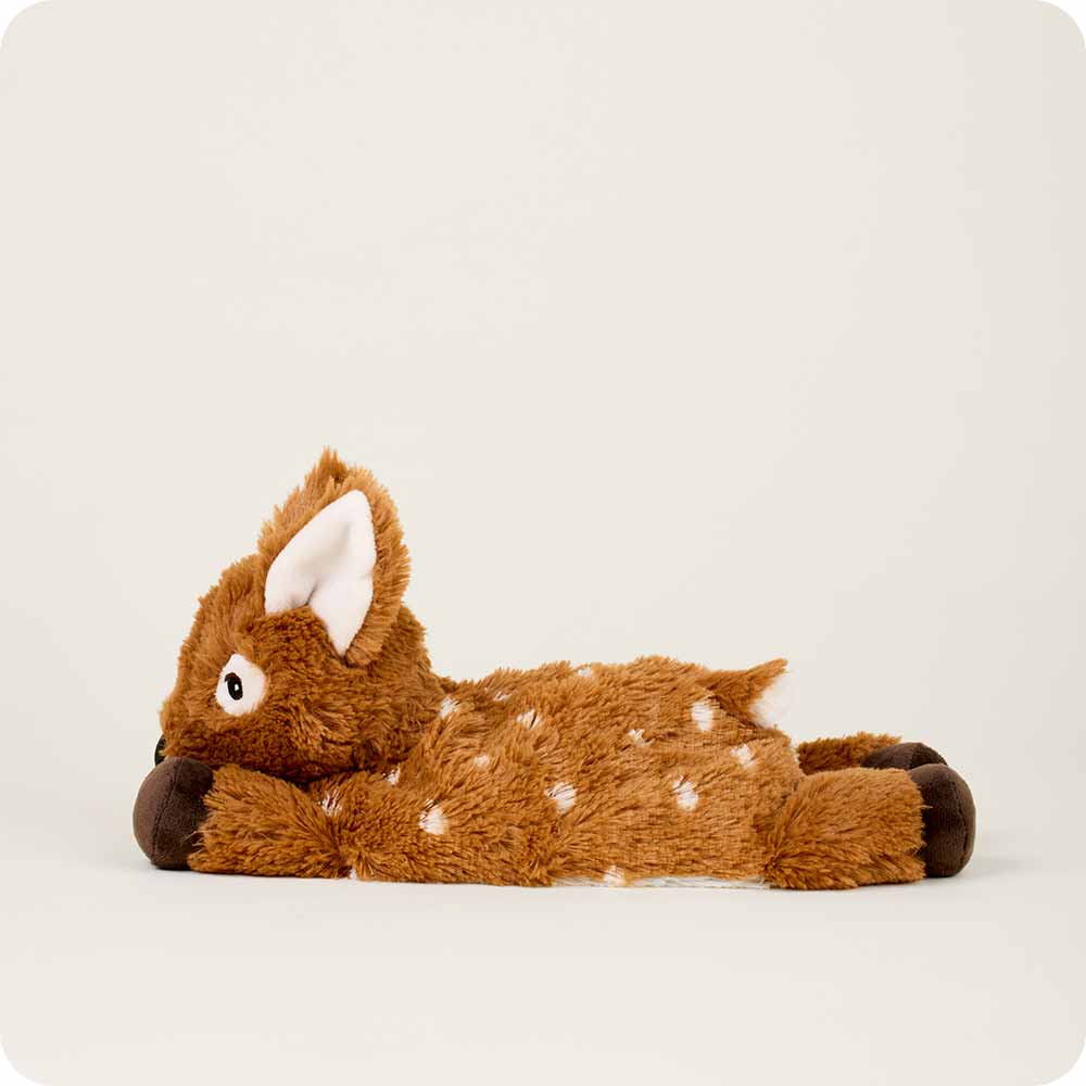 Warmies brown plush deer stuffed animal with white spots lying down