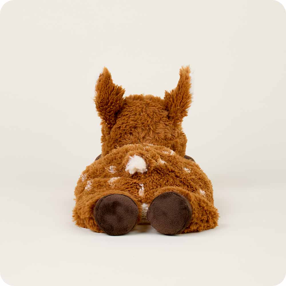 Brown plush Warmies deer stuffed animal with white spots in laying position