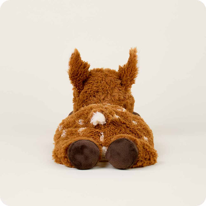 Brown plush Warmies deer stuffed animal with white spots in laying position