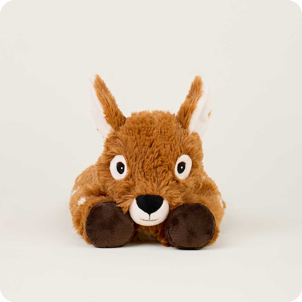 Warmies brown plush deer stuffed animal with white eyes lying down against white background
