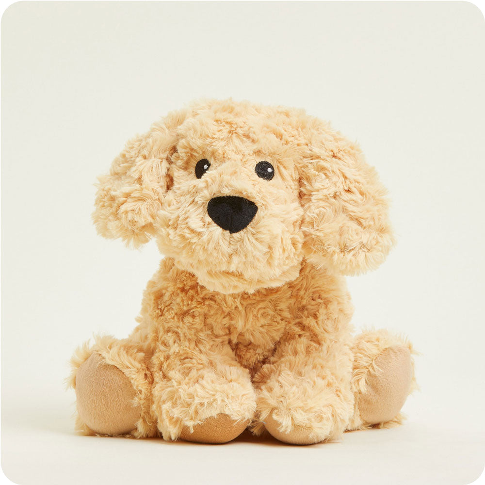 Warmies golden plush dog stuffed animal with curly fur and black nose