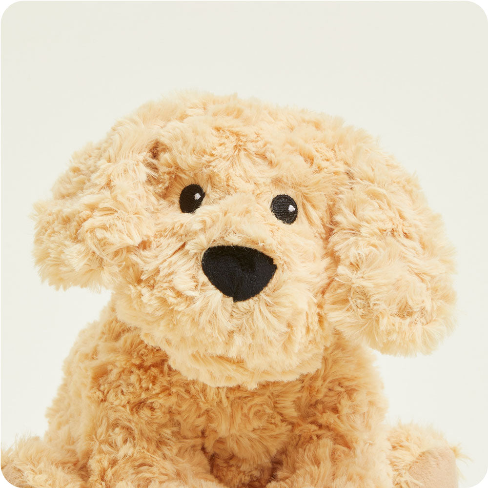 Warmies golden plush dog stuffed animal with curly fur and black nose