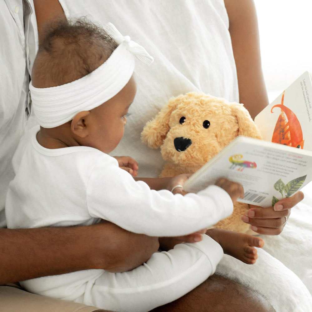 Warmies golden dog plush toy being held while reading a book in bed