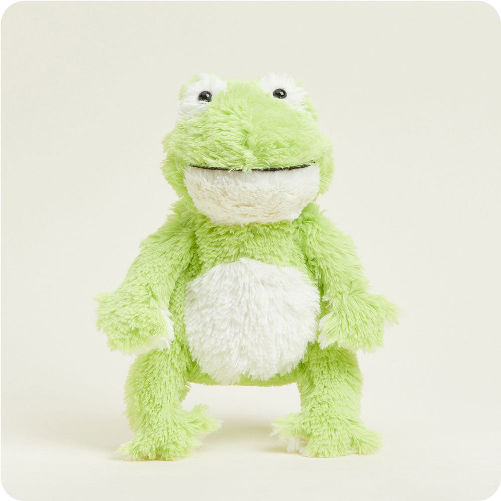 Warmies green and white frog plush toy with black eyes on clean background