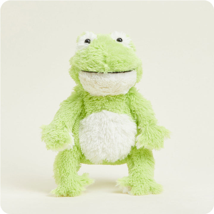 Warmies green and white frog plush toy with black eyes on clean background