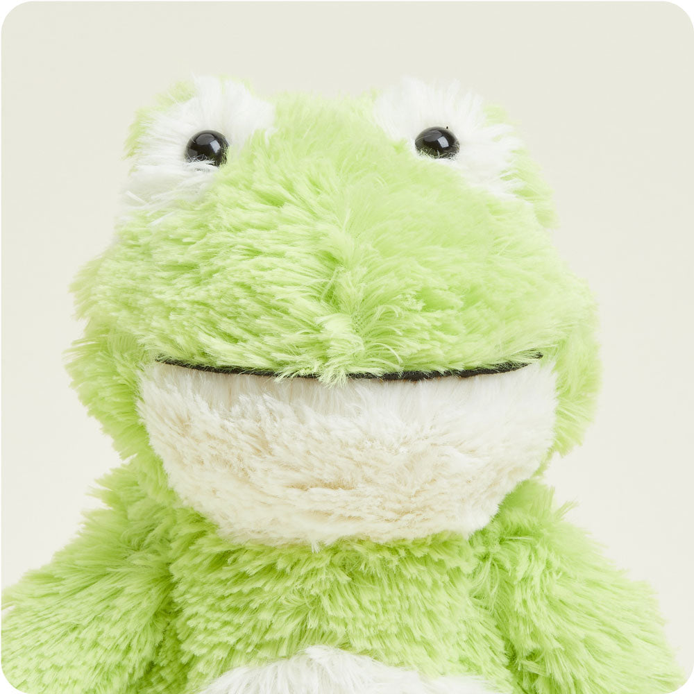 Green and white plush frog stuffed animal with black eyes and soft fur texture
