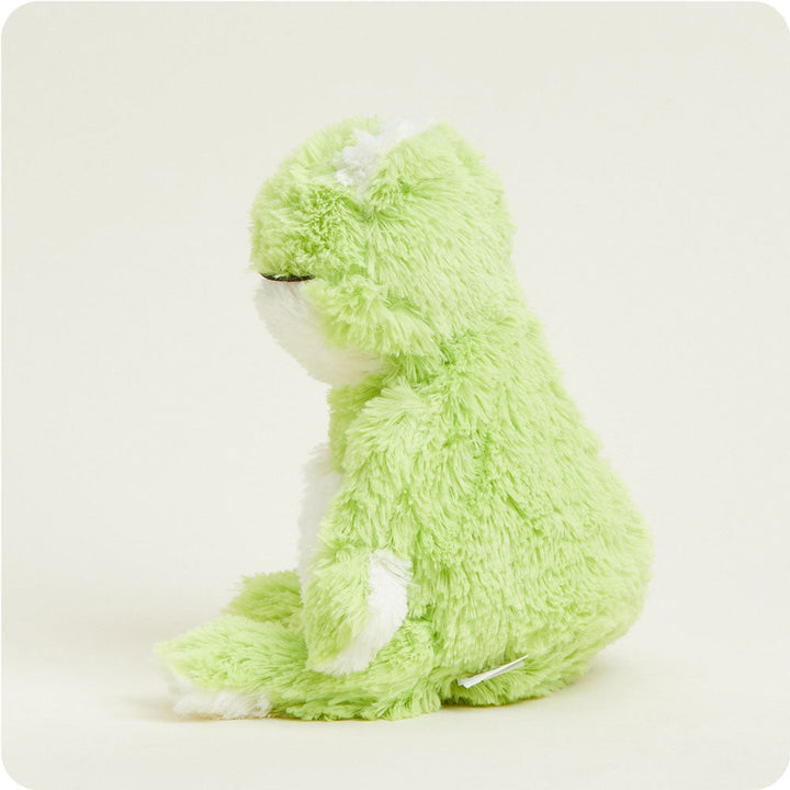 Green and white plush Warmies frog stuffed animal sitting upright on white background